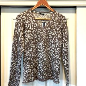 Magaschoni Cashmere sweater moonlight shadow print with fringe edge gray& blue